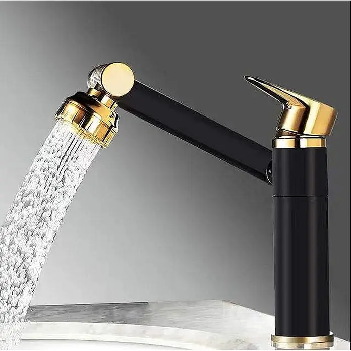 Hudor Waschtischarmatur Scamandre - Seidenmatt - Schwarze und goldene Küchenarmatur mit Wasserstrahl aus einem verstellbaren goldenen Perlator.