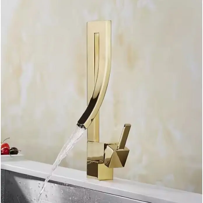 Hudor Waschtischarmatur 6836 - Hochglänzend - Moderner, goldener Wasserhahn mit einzigartigem, geschwungenem Auslauf und geometrischem Griff, der Wasser in ein Waschbecken leitet.