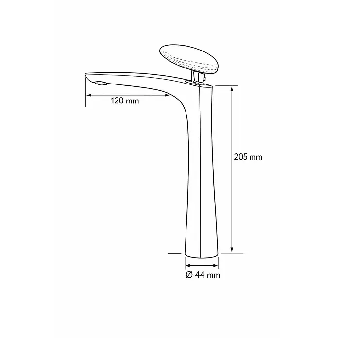 Hudor Waschtischarmatur Erymanthe - Hochglänzend - Technische Zeichnung eines eleganten Metallwasserhahns mit Maßen: 205mm Höhe, 120mm Ausladung, 44mm Basisdurchmesser.
