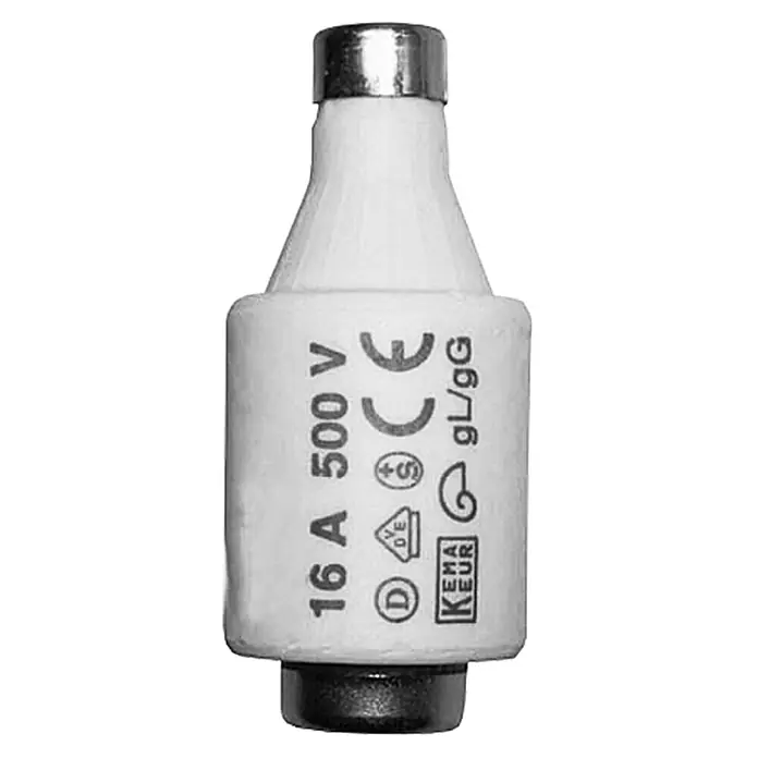 ASS Diazed-Sicherung - 16 A, 500 V, E27, DII, 5 Stk. - Eine weiße NH-Sicherung mit der Aufschrift 16 A 500 V und einem silbernen Metallende.