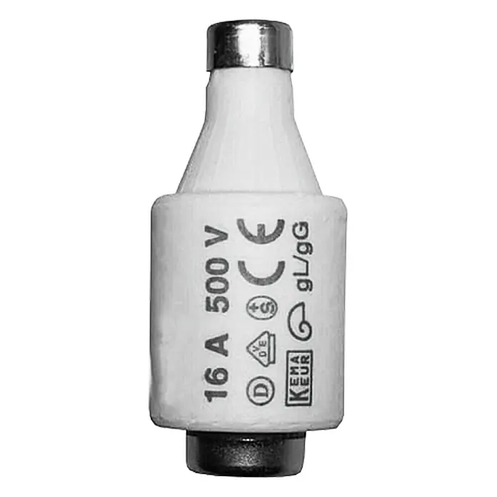 ASS Diazed-Sicherung - 16 A, 500 V, E27, DII, 5 Stk. - Eine weiße NH-Sicherung mit der Aufschrift 16 A 500 V und einem silbernen Metallende.