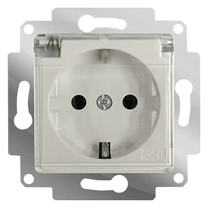Voltomat MIKRO Steckdose mit Klappdeckel - Alpinweiß, 1-fach, Kunststoff, IP21 - Nahaufnahme einer weißen Schutzkontaktsteckdose mit Klappdeckel und IP21-Schutz, ideal für Feuchträume.