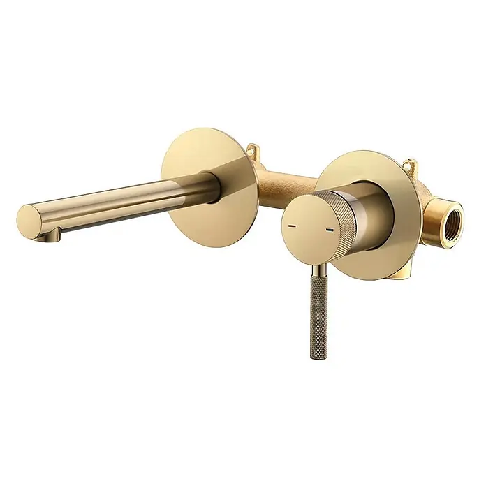 Hudor Waschtischarmatur 7109 - Seidenmatt - Gebürsteter goldener Wandwasserhahn für das Badezimmer mit langem Auslauf und gerändeltem Einhebelmischer.