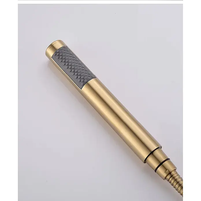 Hudor Badewannenarmatur Scamandre 007 - Seidenmatt - Goldene Handbrause mit dunkelgrauem gepunktetem Brausekopf und flexiblem Schlauch.