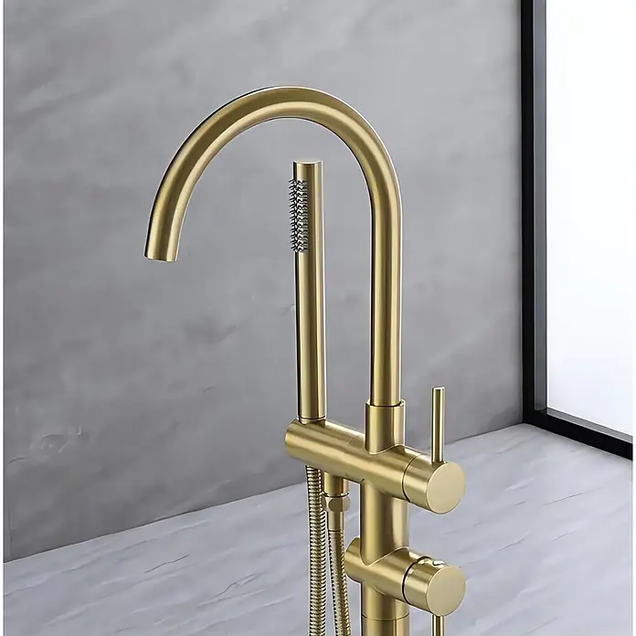 Hudor Badewannenarmatur Scamandre 007 - Seidenmatt - Freistehende Badewannenarmatur in gebürstetem Gold mit Schwanenhalsauslauf und integrierter Handbrause.