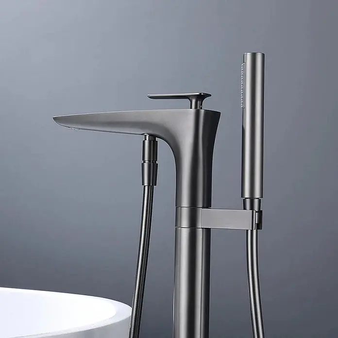 Hudor Badewannenarmatur 7192 - Matt - Moderner, dunkel gebürsteter Metall-Standarmatur für Badewanne mit elegantem Auslauf und integrierter Handbrause.
