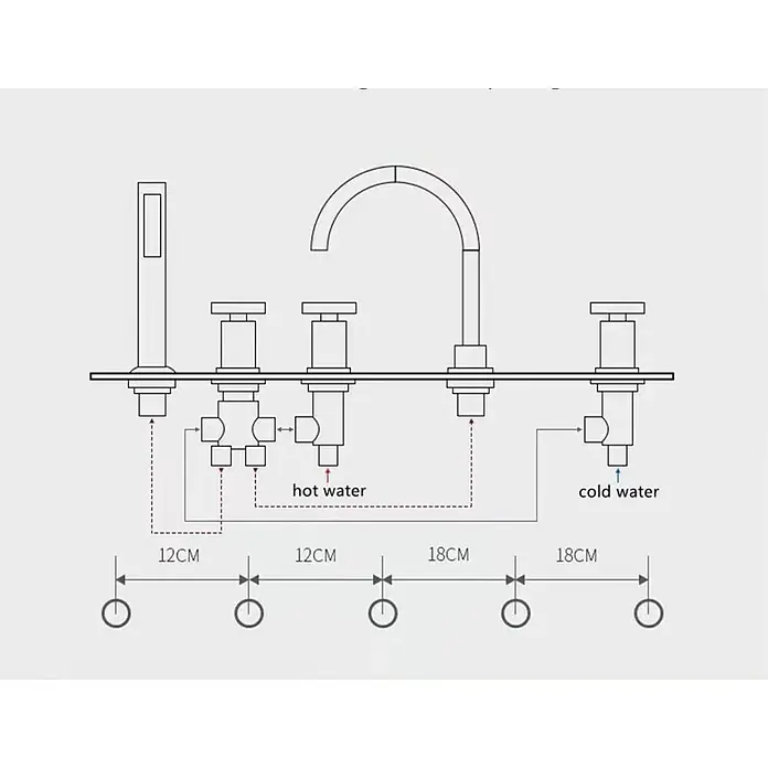 Hudor Badewannenarmatur Erymanthe 5748 - Hochglänzend - Diagramm eines mehrteiligen Unterputz-Wasserhahn-Systems mit Auslauf, Brause und Bedienelementen, zeigt Warm-/Kaltwasseranschlüsse und Einbaumaße.