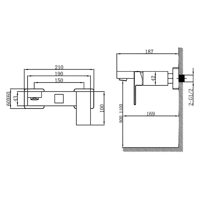 Hudor Badewannenarmatur Scamandre 059 - Hochglänzend - Technisches Diagramm eines wandmontierten Mischers mit Abmessungen und G1/2-Anschluss.