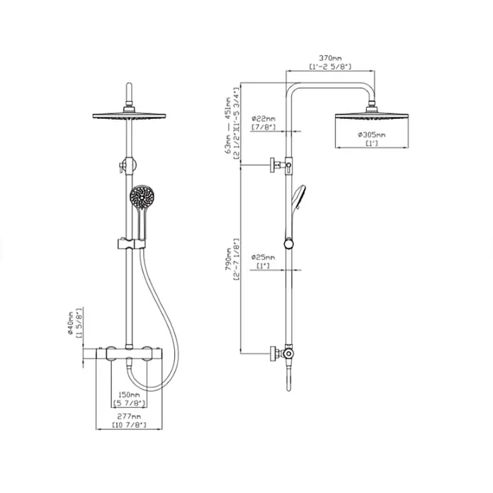 Hudor Duschsystem Argolide SC418 Thermostat -  - Technische Zeichnung eines Duschsystems mit Kopf- und Handbrause, inklusive Maße.