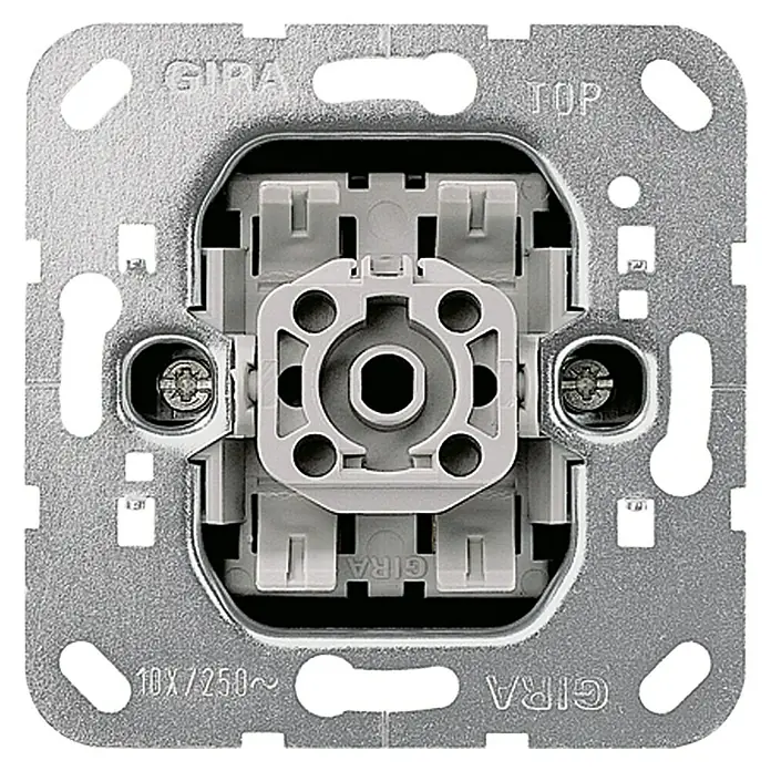 Gira Kreuzschalter-Einsatz 010700 - 10 A, Unterputzmontage - Nahaufnahme einer GIRA Gerätedose mit Schraubbefestigung für die Installation von Elektrokomponenten, mit "TOP"-Kennzeichnung.