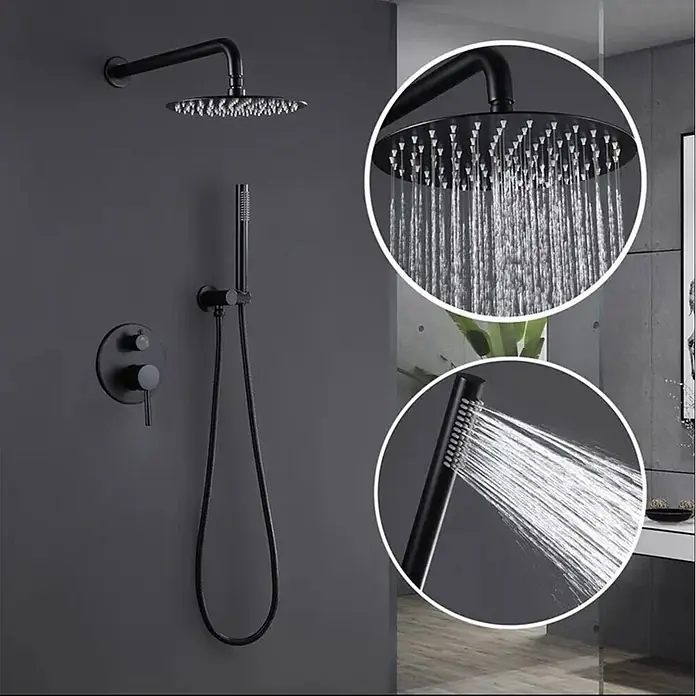 Hudor Duschsystem Céphise SC86 -  - Mattes schwarzes Duschsystem mit Regenduschkopf und Handbrause, mit fließendem Wasser dargestellt.