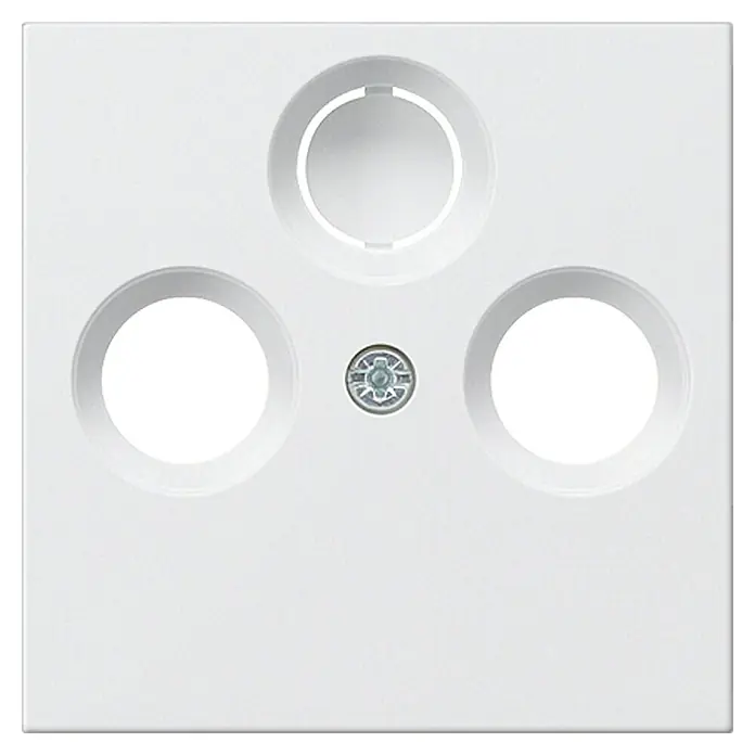 Gira System 55 Antennenabdeckung 086927 - Reinweiß seidenmatt, Kunststoff, Unterputzmontage - Weiße Wandplatte mit drei runden Aussparungen und einer Schraube in der Mitte, ideal für Elektroinstallationen und Wandbefestigungen.