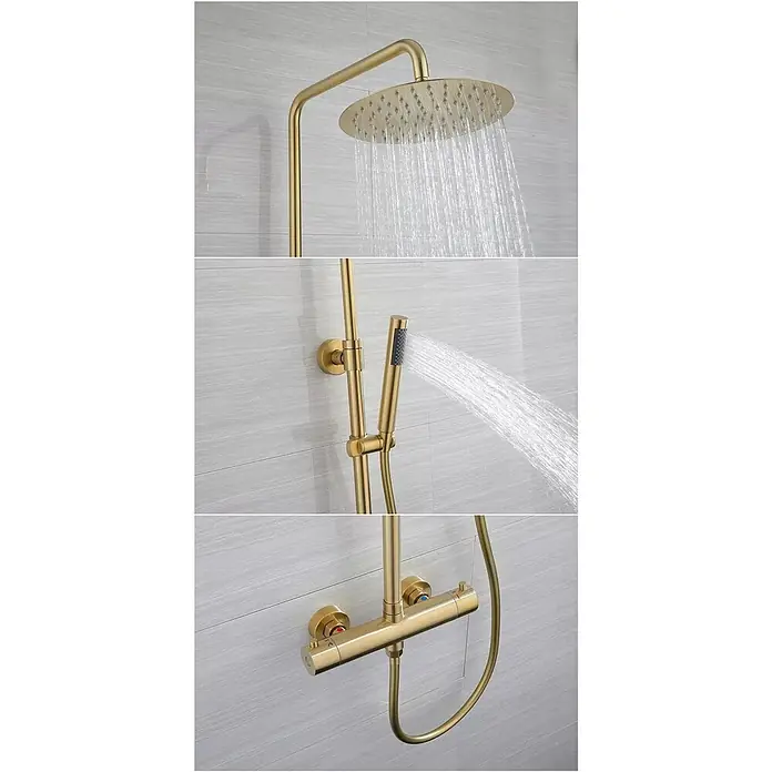 Hudor Duschsystem Scamandre SC418 Thermostat -  - Gebürstetes Gold-Thermostat-Duschsystem mit großer Regendusche und Handbrause.