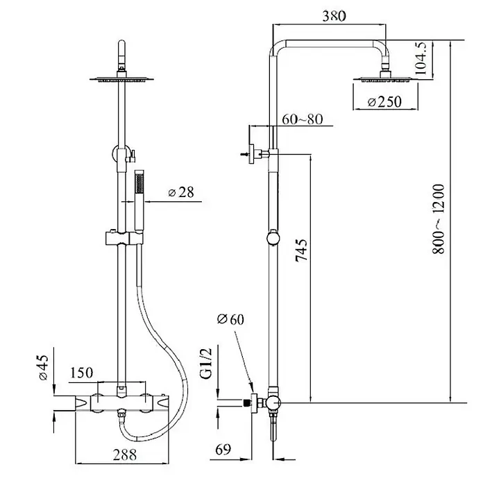 Hudor Duschsystem Scamandre SC418 Thermostat -  - Technische Zeichnung eines Duschsystems mit Kopf- und Handbrause sowie Thermostatmischer, inklusive Maße.