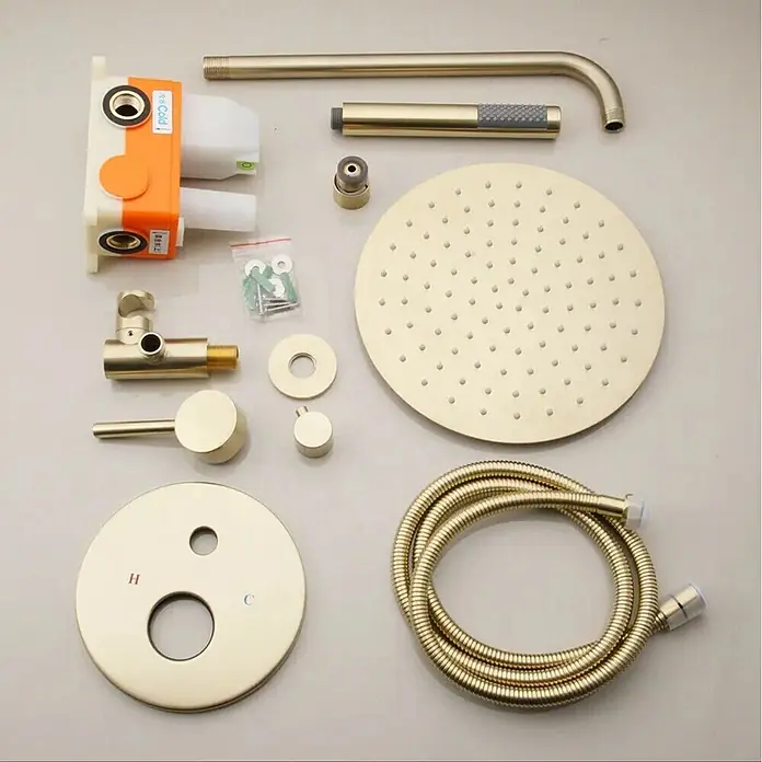 Hudor Duschsystem Erymanthe SC41 -  - Komplettes Duschsystem aus gebürstetem Gold mit Mischer, runder Regenduschkopf, Handbrause, Schlauch und Zubehör.