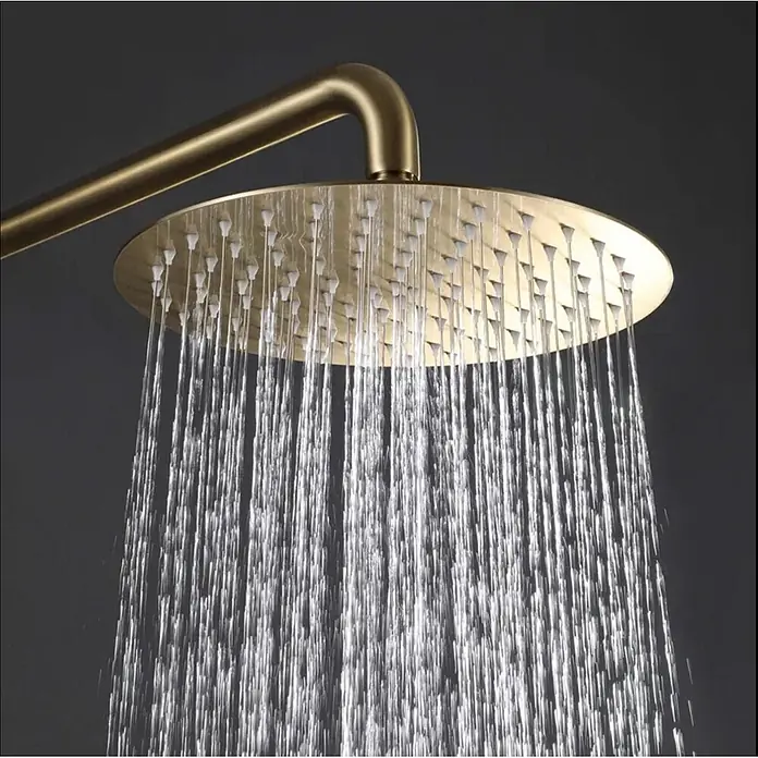 Hudor Duschsystem Erymanthe SC41 -  - Brausekopf aus gebürstetem Messing, aus dessen Düsen Wasser strömt.