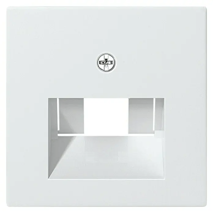 Gira System 55 UAE-Abdeckung 027027 - Reinweiß seidenmatt, Kunststoff - Nahaufnahme einer weißen CAT-Wanddose mit Schraube in der Mitte, ideal für Netzwerkanschlüsse im Haus oder Büro.