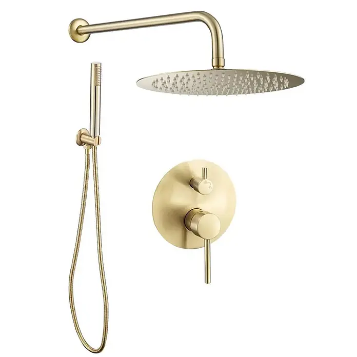 Hudor Duschsystem Erymanthe SC41 -  - Gebürstetes Gold Duschset mit rundem Regenbrausekopf, Handbrause und Wandbedienfeld.