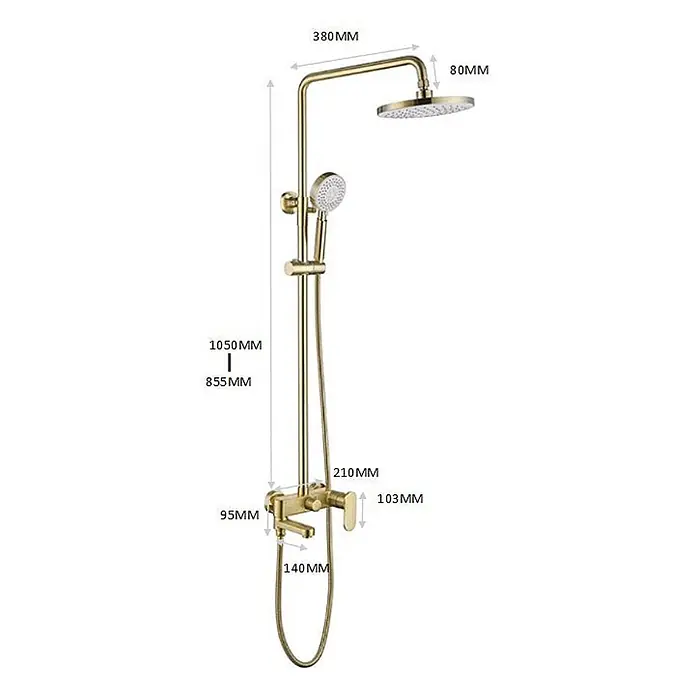 Duschsystem Scamandre Gold gebürstet SC008 -  - Goldenes Duschsystem zur Wandmontage mit Regenduschkopf, Handbrause und integrierter Mischbatterie.