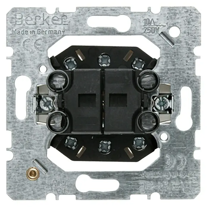 Berker Doppelwechselschalter-Einsatz 303808 - 10 A, Unterputzmontage - Ein Berker-Wechselschaltereinsatz, hergestellt in Deutschland, mit einer Nennleistung von 10A und 250V.