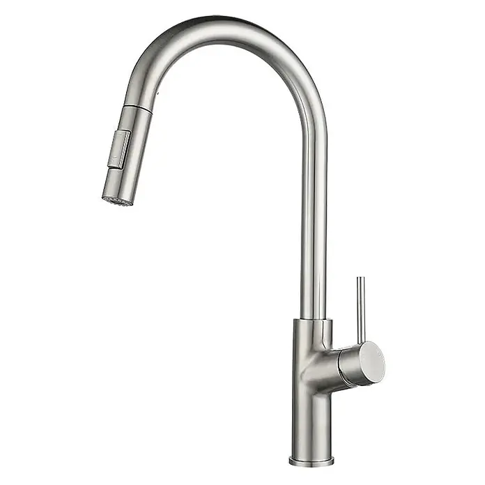 Hudor Spültischarmatur Scamandre 0460 - Seidenmatt - Küchenarmatur aus gebürstetem Nickel mit herausziehbarer Brause, Schwanenhalsauslauf und Einhebelgriff.