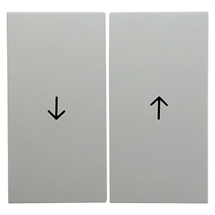 Berker S.1 Jalousiewippe 16258989 - Polarweiß glänzend, Kunststoff, IP20 - Zwei weiße Schalterplatten mit schwarzen Pfeilen, die nach oben und unten zeigen, zur Steuerung von Geräten oder Beleuchtung.