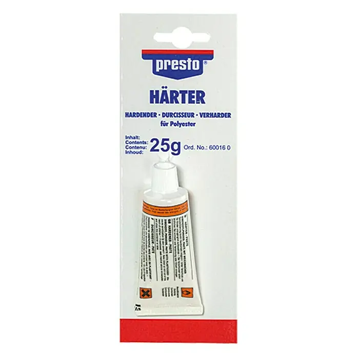 Presto Härter-Tube - 25 g, Geeignet für: Alle Polyesterspachtel-Typen - Produktbild von Presto Härter, ein Härter für Polyester, verpackt in einer 25g Tube mit roter Beschriftung.