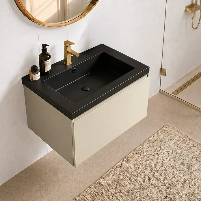 LOMAZOO Badezimmermöbel Greige 60cm - Schwarzes Waschbecken - Beige-graues Waschbeckenmöbel - Schwebender Waschbeckenunterschrank [MODENA] -  - Wandmontierter Waschtisch mit schwarzem Waschbecken und beigem Unterschrank. Mit moderner goldener Armatur.