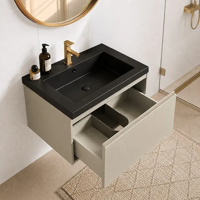 LOMAZOO Badmöbel-Set SOR-BE-WZ-60 - Gesamtbreite Badmöbel: 60 cm, Greige (Graubeige) - Wandmontierter Waschtisch mit schwarzem Waschbecken/Ablage, hellbeigem Unterschrank, offene Schublade mit Organizern, goldener Wasserhahn.