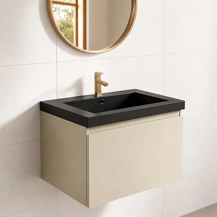 LOMAZOO Badmöbel-Set SOR-BE-WZ-60 - Gesamtbreite Badmöbel: 60 cm, Greige (Graubeige) - Wandmontierter beiger Badschrank mit schwarzem Waschbecken und goldener Armatur.