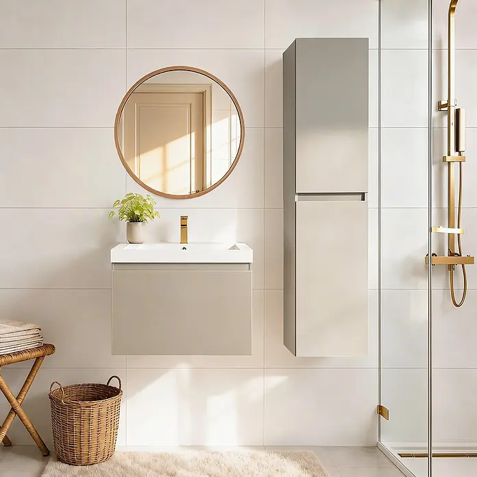 LOMAZOO Badmöbel-Set SOR-BE-WW-60 - Gesamtbreite Badmöbel: 60 cm, Greige (Graubeige) - Hellbeige Badunterschrank mit weißem Waschbecken, goldenem Wasserhahn, rundem Holzspiegel und hohem Schrank in modernem Badezimmer.