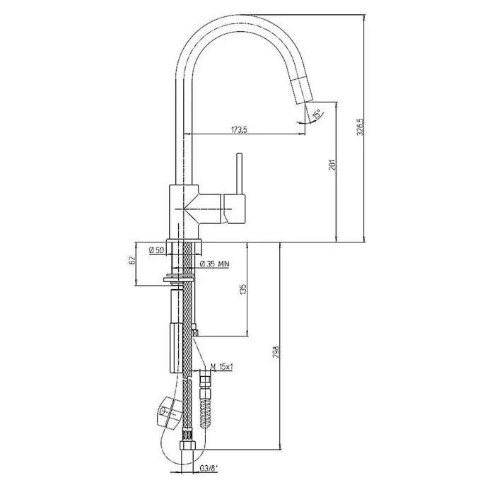 Kiamami Valentina Spültischarmatur - Cromato - Technische Zeichnung einer Küchenarmatur mit Maßen und Installationsdetails.