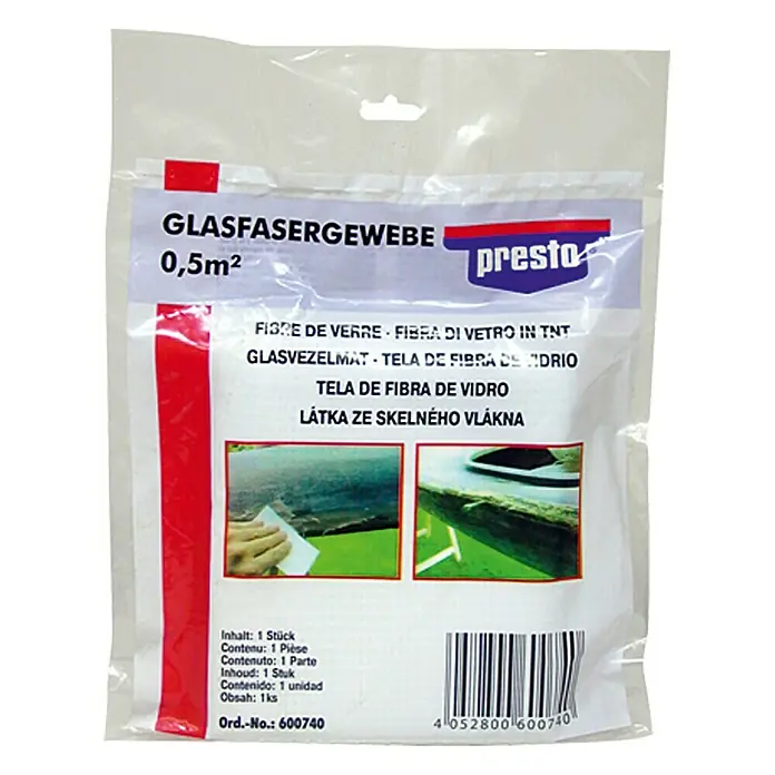 Presto Glasfaser-Gewebe - 0,5 m² - Close-up of a Presto Glasfasergewebe fiberglass fabric package, 0.5m², used for repairs and reinforcement projects.