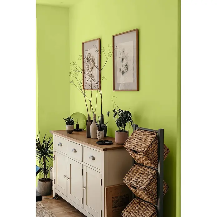 Caleo Color Wandfarbe Lehmfarbe Urzeitfarn - Urzeitfarn, Matt, 5 l - Ein helles Holzsideboard mit Deko, daneben ein dunkelgraues Regal mit drei geflochtenen Körben.