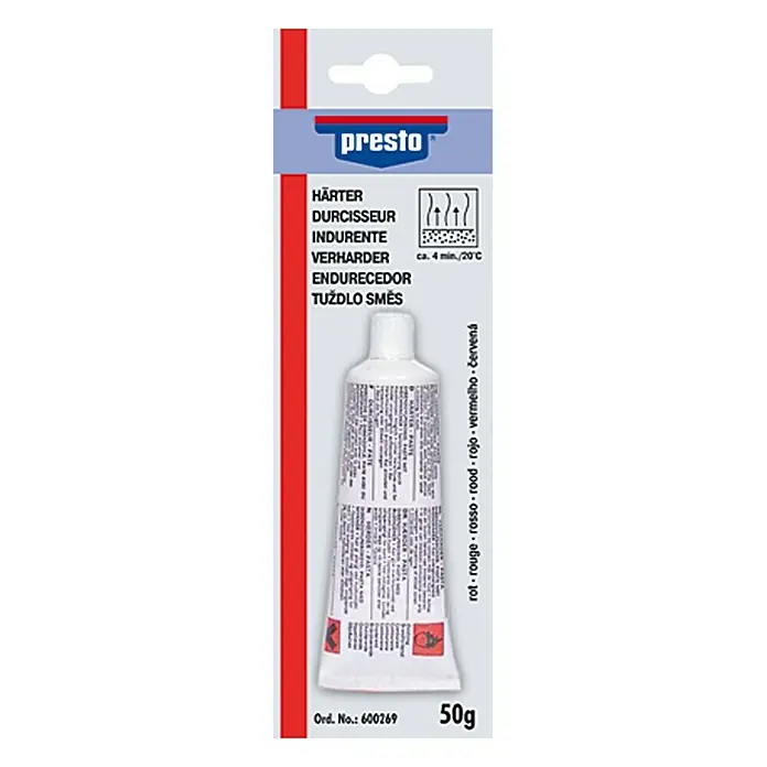 Presto Härter-Tube - 50 g, Geeignet für: Alle Polyesterspachtel-Typen - Bild einer Presto Härter Tube, einem roten Härter für schnelles Aushärten, ideal für Reparaturen und Modellbau.