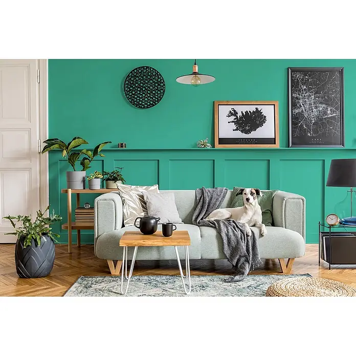 Caleo Color Buntlack Smaragd - Smaragd, Seidenmatt, 0,68 l, Wasserbasiert - Ein hellgrünes Stoffsofa mit Holzbeinen, mit einer grauen Decke drapiert, in einem Wohnzimmer.