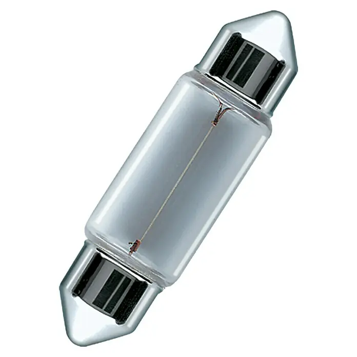Osram Soffittenlampe - C5W, 2 Stk. - Eine längliche, zylindrische Glühbirne mit durchscheinendem Glaskörper und Metallenden, die ein Filament zeigt.