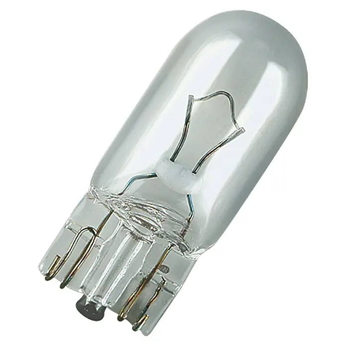 Osram Standlicht-Leuchte - W5W, 2 Stk. - Detailaufnahme einer klaren Glas-Glühbirne mit Wolframfaden und Stecksockel für Fahrzeuge, ideal für Blinker oder Bremslichter.