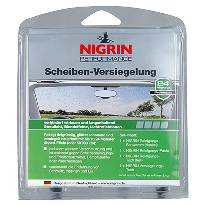 Nigrin Performance Scheibenversiegelung - 4 -tlg., Anzahl Anwendungen: 1 Stk. - NIGRIN Performance Scheibenversiegelung für klare Sicht. Schützt bis zu 24 Monate vor Schmutz, Insekten und Eis. Inklusive Reinigungszubehör.