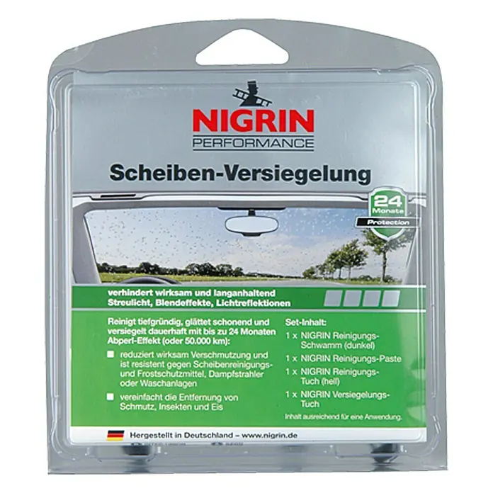 Nigrin Performance Scheibenversiegelung - 4 -tlg., Anzahl Anwendungen: 1 Stk. - NIGRIN Performance Scheibenversiegelung für klare Sicht. Schützt bis zu 24 Monate vor Schmutz, Insekten und Eis. Inklusive Reinigungszubehör.