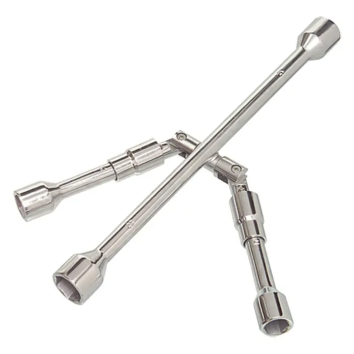 UniTEC Kreuzschlüssel - Klappbar, Schlüsselweite: 17 mm - 23 mm - Ein silberner Kreuzschlüssel mit vier Stecknüssen, ideal für Autoreparaturen. Das Werkzeug ist stabil und vielseitig einsetzbar.