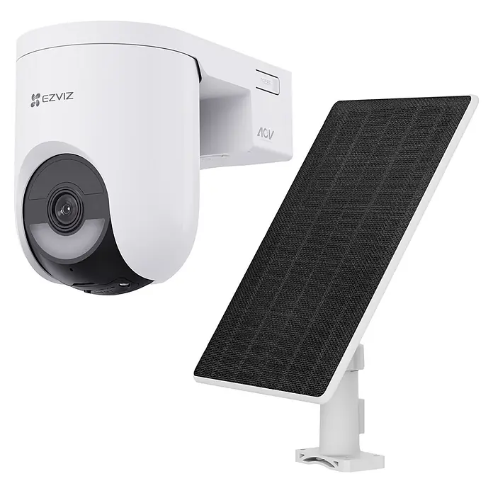EZVIZ Cámara de vigilancia HB8 - Blanco, Ángulo de detección: 360 °, Alcance de detección: 15 m - Cámara de seguridad blanca con lente negra, combinada con un panel solar negro sobre soporte blanco para vigilancia exterior.