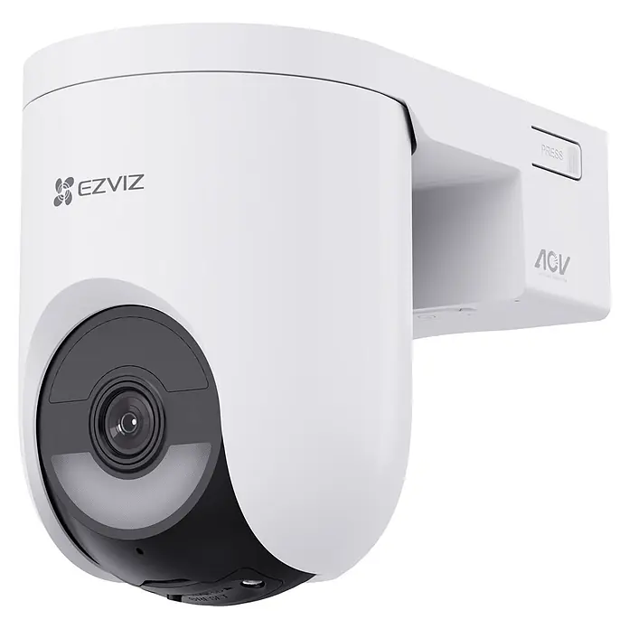 EZVIZ Cámara de vigilancia HB8 - Blanco, Ángulo de detección: 360 °, Alcance de detección: 15 m - Cámara de seguridad exterior EZVIZ blanca y negra con lente giratoria y botón "PRESS" en el soporte.