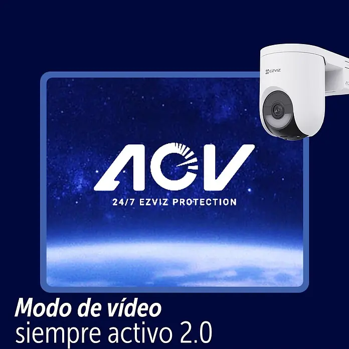 EZVIZ Cámara de vigilancia HB8 - Blanco, Ángulo de detección: 360 °, Alcance de detección: 15 m - Cámara de seguridad EZVIZ blanca, con logo ACV, '24/7 EZVIZ PROTECTION' y texto 'Modo de vídeo siempre activo 2.0'.