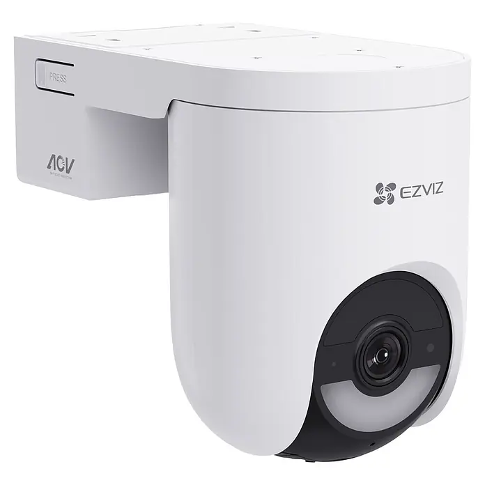EZVIZ Cámara de vigilancia HB8 - Blanco, Ángulo de detección: 360 °, Alcance de detección: 15 m - Cámara de seguridad EZVIZ blanca con lente negra, montada en soporte de pared, con botón 'PRESS' y logo 'ACV'.