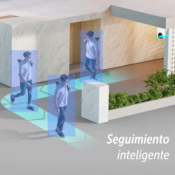 EZVIZ Cámara de vigilancia HB8 - Blanco, Ángulo de detección: 360 °, Alcance de detección: 15 m - Cámara de seguridad rastreando a una persona que se mueve por un camino, con recuadros azules que ilustran el seguimiento de movimiento inteligente.
