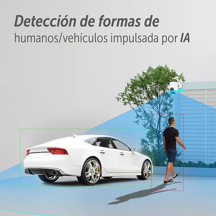 EZVIZ Cámara de vigilancia HB8 - Blanco, Ángulo de detección: 360 °, Alcance de detección: 15 m - Cámara de seguridad blanca con IA que detecta formas humanas y vehículos, mostrada con un coche blanco y un hombre.