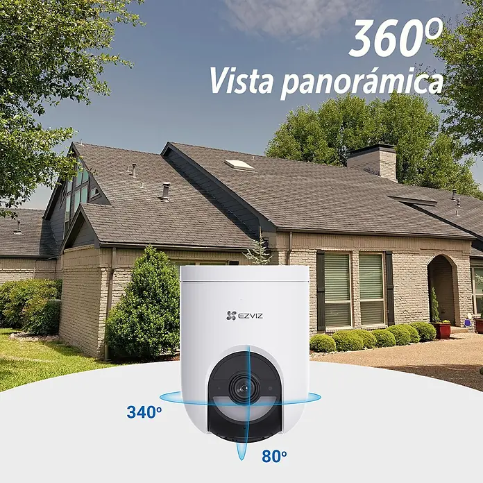 EZVIZ Cámara de vigilancia HB8 - Blanco, Ángulo de detección: 360 °, Alcance de detección: 15 m - Cámara de seguridad exterior EZVIZ blanca con lente negra, con giro de 340°, inclinación de 80° y vista panorámica de 360°.
