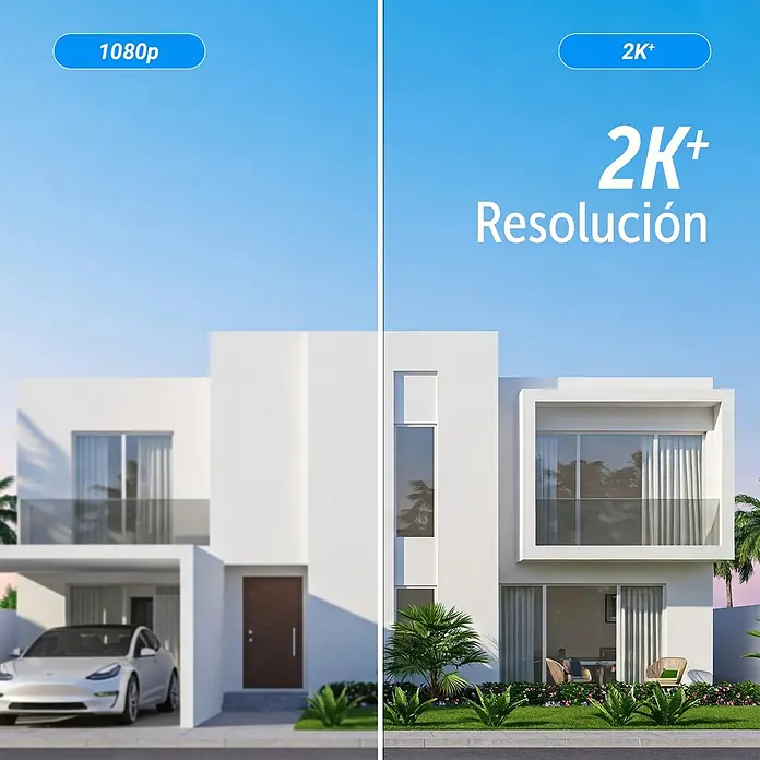EZVIZ Cámara de vigilancia HB8 - Blanco, Ángulo de detección: 360 °, Alcance de detección: 15 m - Escena de casa dividida, mostrando 1080p borroso a la izquierda y 2K+ nítido a la derecha para comparar detalles.