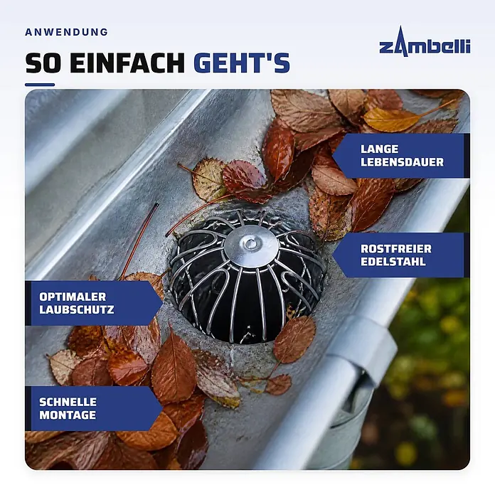Zambelli Dachrinne Laubfangkorb DN 87-100 Laubschutz Edelstahl Silber - Nennweite: 100 mm, Länge: 11,5 cm, Edelstahl, Silber - Runder Edelstahl-Rinnenlaubfänger, im Abfluss einer Dachrinne installiert, um Blätter abzuhalten.